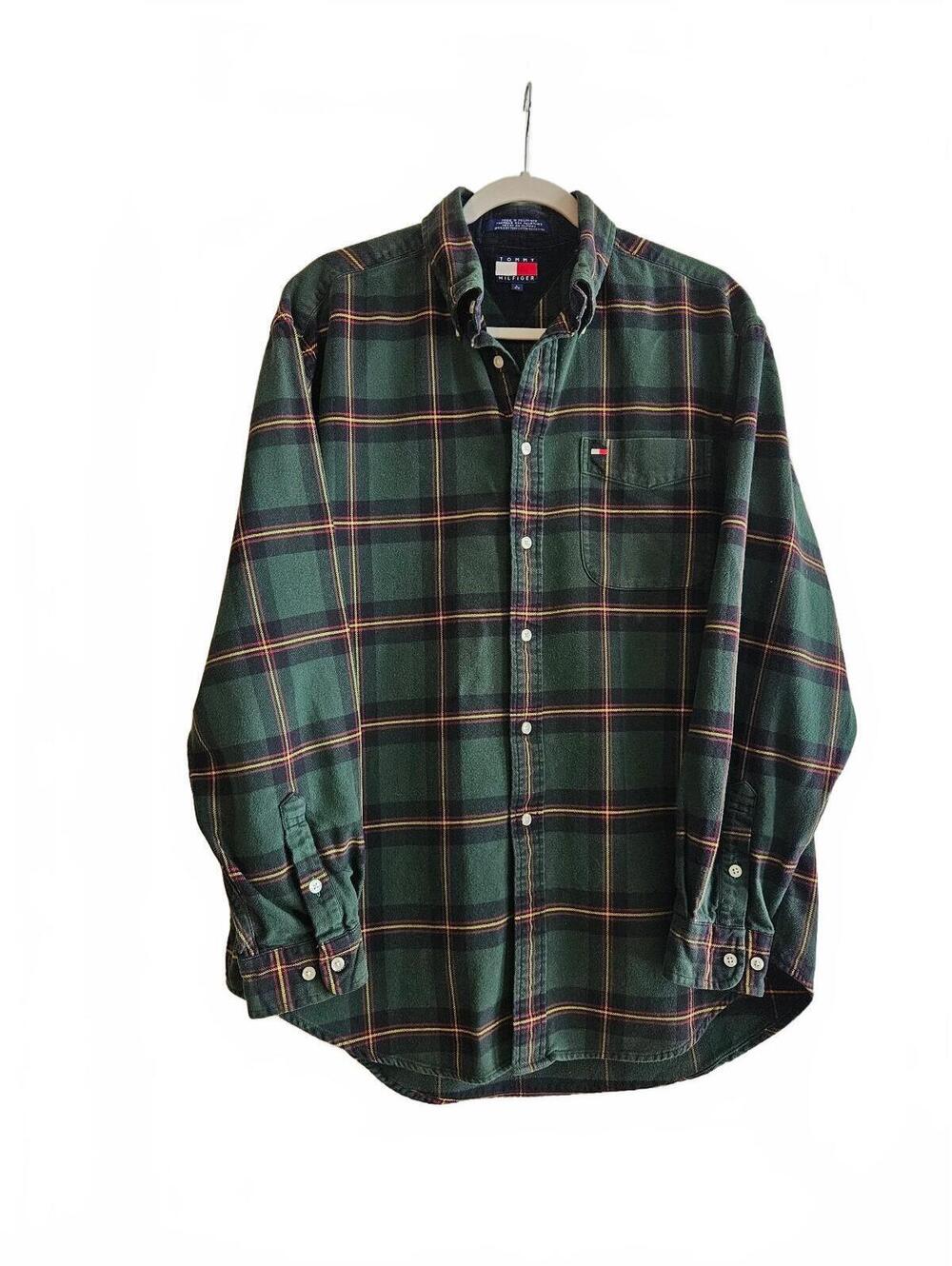 Tommy Hilfiger Men's Green Plaid Button-Down Shirt-Vintage-Size Large-Fall Ready